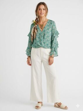 Max Studio Green Boho Medallion Print Blouse Small V-Neck Ruffle Sleeve Top